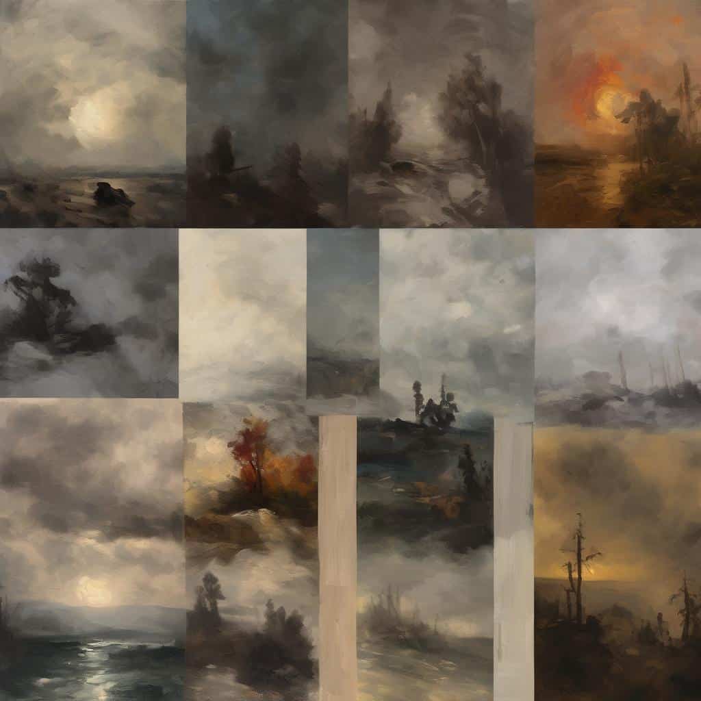 Ομιχλώδης τοπίο και μοντέρνα καλλιτεχνική σκηνή με ερευνητικά έργα ζωγραφικής.