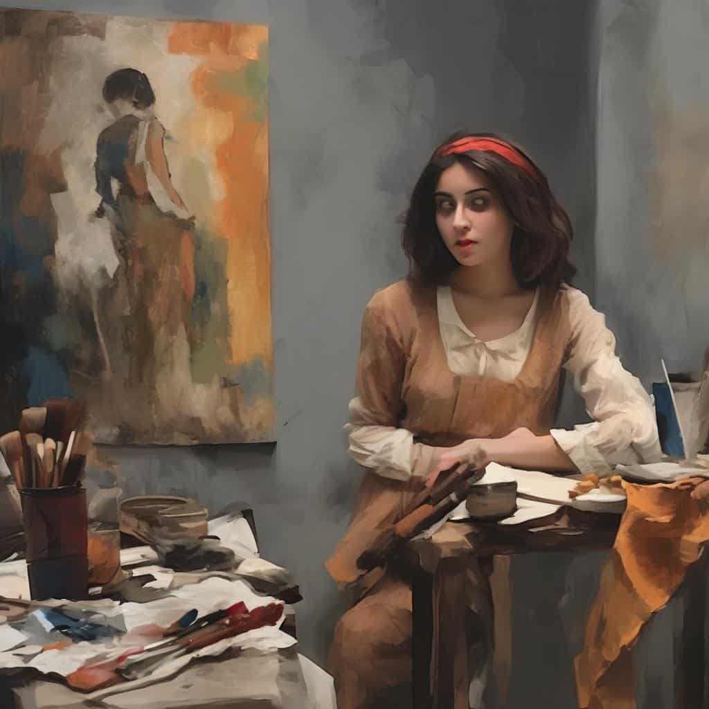 Φωτογραφία νεαρής καλλιτέχνιδας σε στούντιο, δημιουργία σύγχρονης τέχνης, καλλιτεχνική σκηνή, ζωγραφική, τέχνη και δημιουργικότητα.