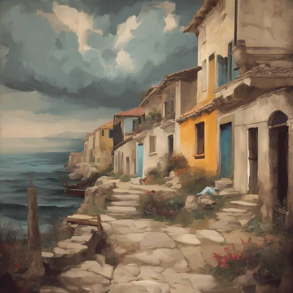 Παλιό λιμάνι με πολυμορφία καλλιτεχνικής δημιουργίας και σύγχρονη τέχνη, ζωγραφικό έργο σε ψυχαγωγικούς μια σκηνή αστικού τοπίου.