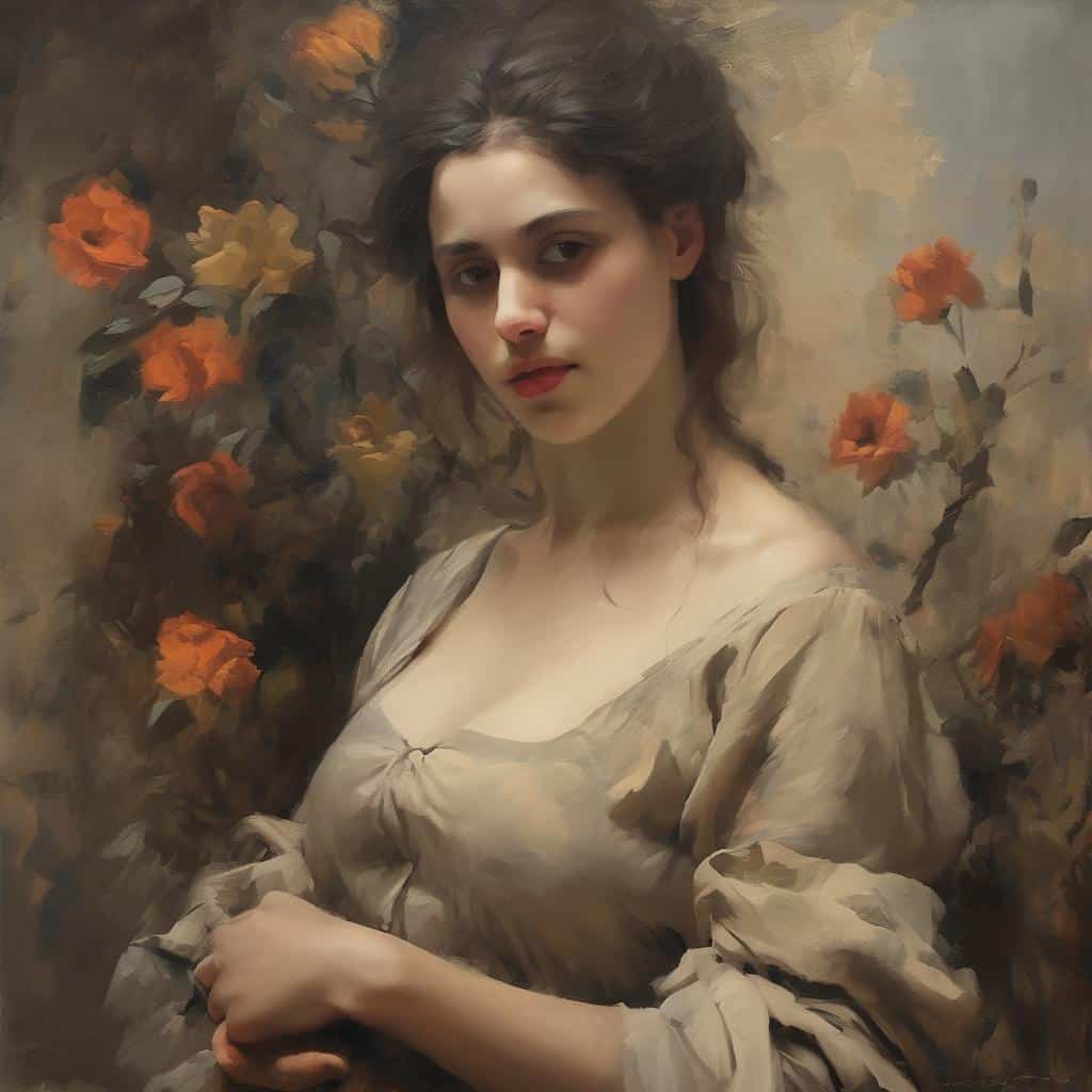 Ομορφιά και σύγχρονη καλλιτεχνική σκηνή με πορτρέτο γυναίκας και ανθισμένο φόντο, εκφραστική τέχνη και δημιουργική έκφραση.