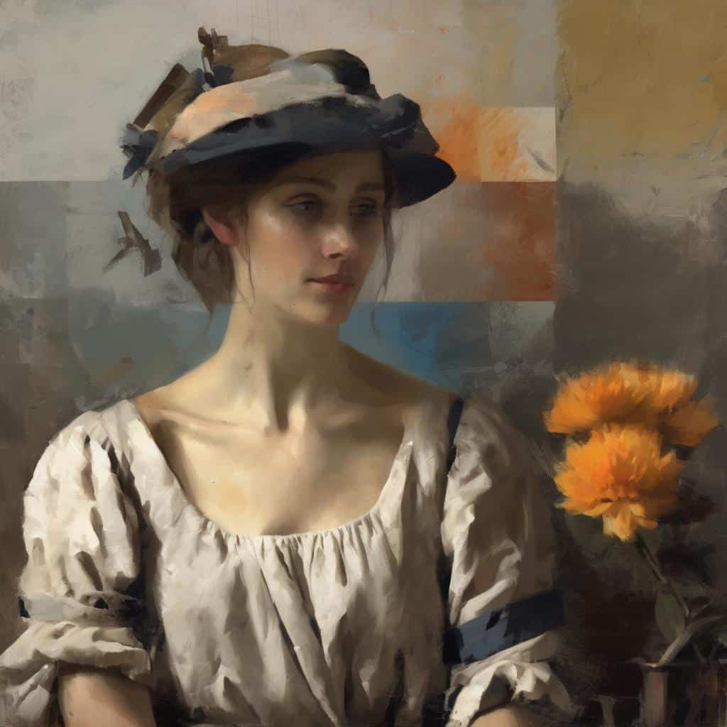 Όμορφη νέα γυναίκα με καπέλο και λουλούδι, σύγχρονη καλλιτεχνική σκηνή, δημιουργία τέχνης και σύγχρονος καλλιτέχνης.